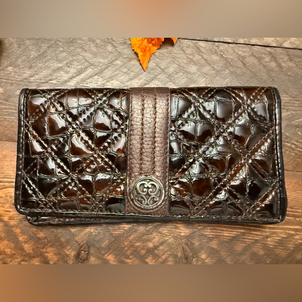 Brighton Brown Woven Leather Wallet Fold Over Organizer Credit Card Clutch nice!